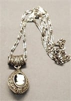 (LK) Sterling Silver Marcasite Cameo Necklace