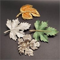 (KC) Enamel and Rhinestone Leaf Brooches Pins (2"