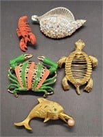 (KC) Ocean Brooches Pins- Shell, Dolphin, Turtle,