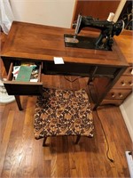 singer sewing machine, table, and stool