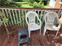 patio chairs, stepstool and rack
