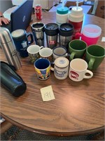 Coffee cups, travel mugs, water bottles, thermos
