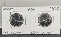 1978 Canada 25 Cents Near& Far Varieties UNC