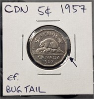 1957 Canada 5 Cents Bugtail Variety