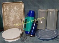 (2) Thermos, Cake Spinner , Cookie Sheet , Paper T