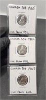 1963 1964 1965 Silver Canada 10 Cents Silver UNC