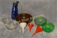 Brown Strainer, (3) Funnels , (2) Glass Bowls, (2)