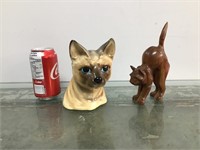 Ceramic coin bank & wooden cats