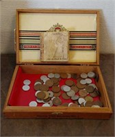 Cigar Box with Foreign Coins & Vintage Condom