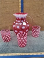 CRANBERRY COIN DOT PITCHER & 3 GLASSES