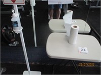 2 Plastic sanitizing tables, 2 pedestal stands