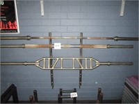 3 assorted chrome bar bells and wall rack