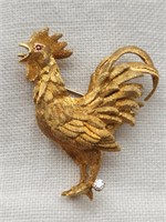 18K Gold Rooster Pin Diam Ruby