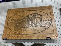 LARGE ETCHED WOODEN COVERED BRIDGE ART