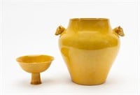 TWO CHINESE MONOCHROME YELLOW GLAZED ARTICLES