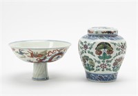 TWO CHINESE MING STYLE DOUCAI PORCELAIN ARTICLES