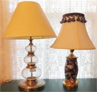 2 TABLE LAMPS: CRACKLE GLASS W/SHADE AND A "BUTTON