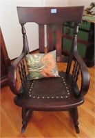 ANTIQUE OAK ROCKING CHAIR W/TOOLED LEATHER SEAT