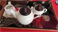 TEA POT, CREAMER AND SUGAR WITH SERVING TRAY