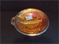 7 1/2 INCH CARNIVAL GLASS, DIVIDED, ONE HANDLED