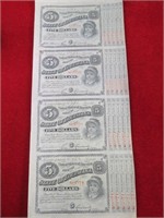 1886 Baby Bond $5 Louisiana Uncut Sheet of 4