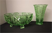 Green Depression Glass Fruit Bowl & Vase