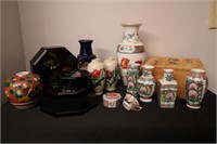 Asian Style Porcelain Vases & Lacquer Coasters