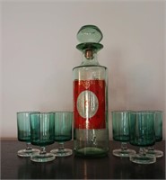 Vintage Green Glass Bottle & 6 Glasses