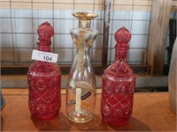 Vintage Old Forester Whiskey Decanter & 2 Red