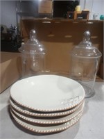 Lot Of 2 Apothecary Jars &4 Ceramic Plates.3w4B