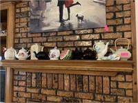 TEAPOT COLLECTION ON MANTEL MIXED BRANDS