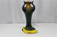 Vtg. Italian Faience 3-Peacock Art Vase