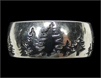Sterling silver band with incised trees, size 8,