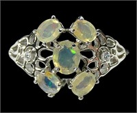 Sterling silver faceted opal five-stone ring,