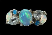 Sterling silver cabochon opal three-stone ring