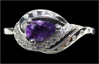 Sterling silver pear cut amethyst ring with