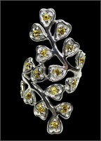 Sterling silver floral wraparound ring with yellow