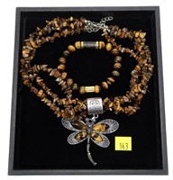 Lot, tiger eye three-strand necklace and bracelet
