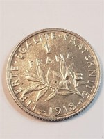 1918 FRANCE SILVER 1 FRANC High Grade COIN,CB4 M