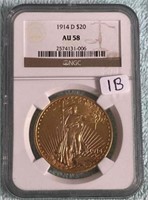 1914-D Gold $20 NGC AU58