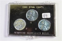 Three 1943 Steel Cents P, D, and S