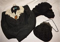 VINTAGE DRESS TOP, HAT, PIN, BROOCH & HANDBAG