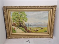 Framed Painting of Rural America with Cows