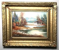 H. Ross Signed Lake Home Oil on Canvas