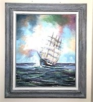 Framed Ship Painting on Canvas