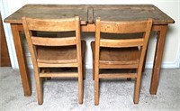 Two Antique School Desks with Two Chair