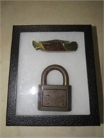 FRAME WITH AN OLD PADLOCK & A POCKET KNIFE
