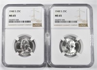 (2) 1948 S WASHINGTON QUARTERS NGC MS 65