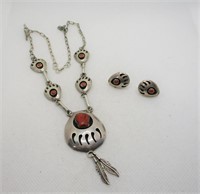 Sterling Red Coral Bear Claw Necklace & Earrings
