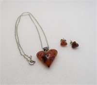 Sterling Amber Heart Necklace & Earrings